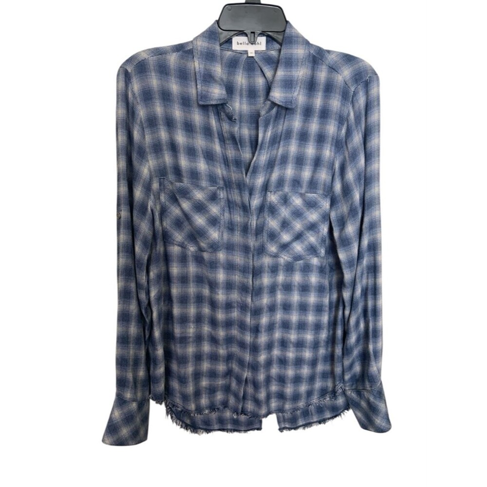 Bella Dahl Women Oversized Blue Cream Textured Button Down Flannel Shirt Western